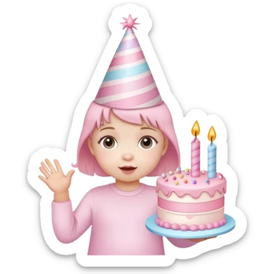 cute baby girl with pastel pink birthday hat and pink birthday cake sticker