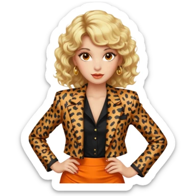 Blonde woman with an 80s-style hairstyle, with curls and bangs, animal print blazer, black top and orange skirt, all very 80s style, brown eyes, 80s makeup sticker