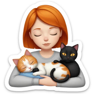 Ginger Girl short hair sleeping with two cats a black and a whole white bigger cat  sticker
