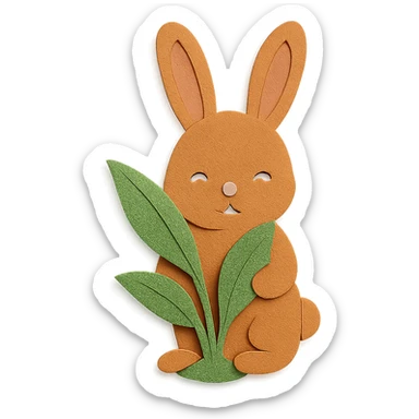 full-body cinnamon bunny peeking behind a plant, paper-craft style, ears identical in outlook sticker