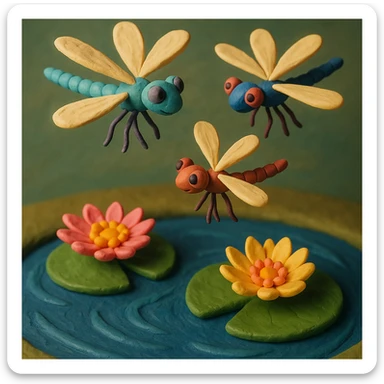 claymation style dragonfly family flying in a circle above water lilies, colorful and whimsical, soft lighting sticker