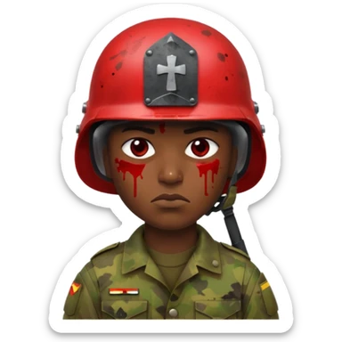 soldier with very dark Senegalese skin, scowling, blood splatter on left cheek, helmet visible, Apple 2D emoji style sticker