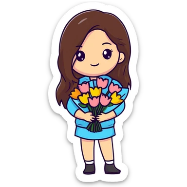 cool girl with long brown hair holding a bouquet of flowers, trendy outfit, stylish sticker