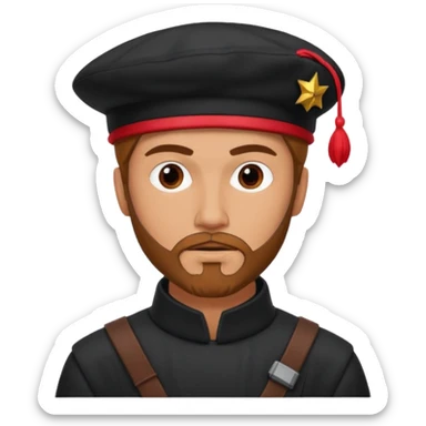 A tall guy with a red goatee. He wears a black baret dressed like a star wars smuggler  sticker