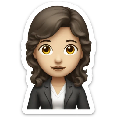a developer girl with laptop in front, dark brown hair, white skin, wavy hair sticker