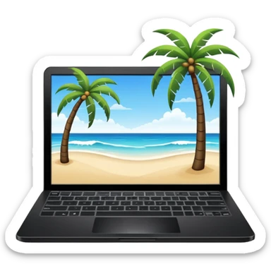 An open laptop on the beach. bildschirm ist schwarz und im hintergrund sind palmen, meer sticker