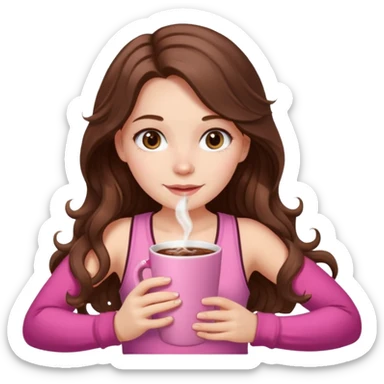 menina branca com cabelos castanhos longos ondulados com xícara rosa na frente com chocolate quente, ela usa blusa de alcinha com estampa de natal sticker