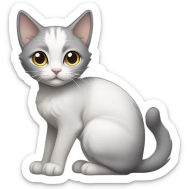 Gray white stray cat, she has pointy ears, white tummy, white right arm, gray left arm, gray back sticker