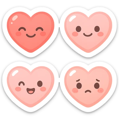 A series of illustrations heart in a kawaii emoji style, with detailed shading and highlights, thin clean outlines, soft and rounded features. Pastel color palette using  #FE655F, #F4A6A6,#FECDC9 The style is inspired by modern Japanese pop art and sticker aesthetics. Highly detailed, vector clarity, soft lighting and subtle shadows. Transparent background without background. sticker