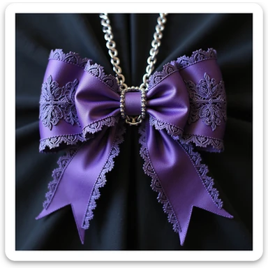 realistic purple gothic bow with lace, dramatic pointed ends, ornate silver chains, transparent background sticker