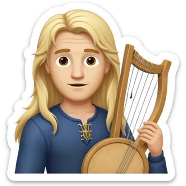 Man with long blonde hair aloof holding a lyre sticker