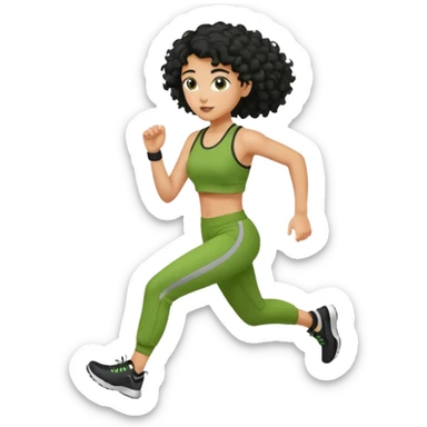 a woman with olive skin tone and curly black hair wearing green and jogging sticker