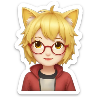 anime girl with short yellow hair, red glasses, cat ear, idol costume, happy sticker