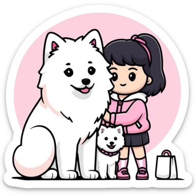 black-haired girl in pink Chanel style outfit with white Samoyed dog sticker