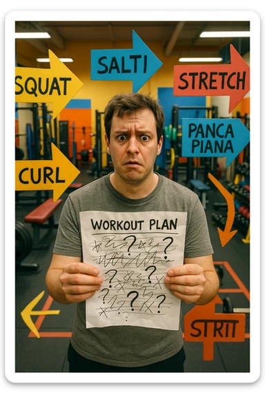 a person stands in the center of a gym, surrounded by arrows pointing in all directions, each labeled with a different exercise (e.g., “squat,” “Salti,” “stretch,” “Panca Piana”). The person looks bewildered, holding a workout plan with scribbles and question marks. The scene is colorful but visually messy, symbolizing confusion. in italiano immagine iperrealistica sticker