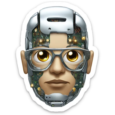 Male cyborg head with metallic plated face, flat top, glasses and circuits sticker