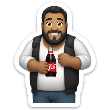 fat man, black hair and beard holding a bottle of Coca-Cola sticker