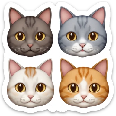 4 different coloured short haired cats including; a dark brown tabby and white cat, and a dark grey and white  sticker
