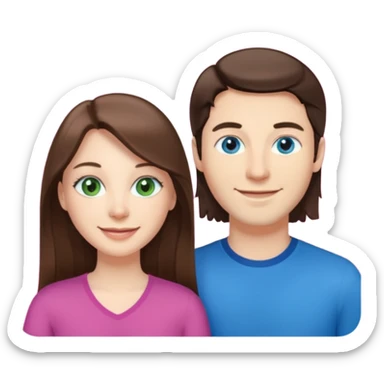 “A pink Polaroid-style photo of a couple: a white woman with long brunette hair and blue eyes, and a white man with short brunette hair and green eyes.” sticker