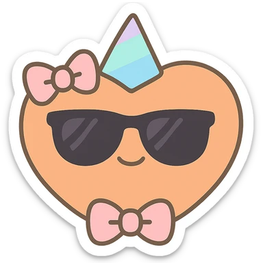 Add sunglasses, a party hat, and a bow tie to the orange heart. Keep the cute kawaii style with a smiling face and bow, with no background as in the reference image. sticker