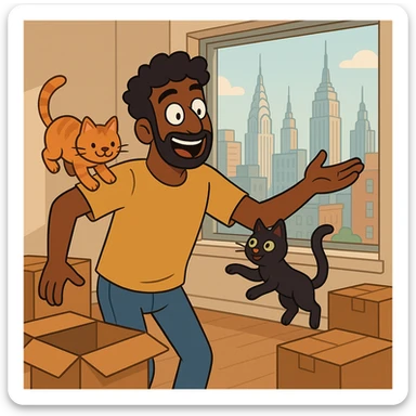 A cheerful Indian Black man and his two cats exploring their new NYC apartment, with moving boxes and city view sticker