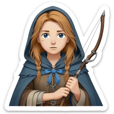 A young human woman with long, unkempt golden-brown hair, piercing blue-gray eyes filled with quiet determination. Dressed in a worn tunic and a tattered cloak, her calloused hands grip a bow, a hunter surviving against the odds. sticker