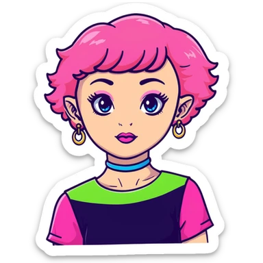 girl with blue eyes, pink makeup, narrow eyebrows, earrings, green alien head choker, black and pink blouse, curly shoulder-length hair, half hot pink half ginger, short straight baby bangs sticker