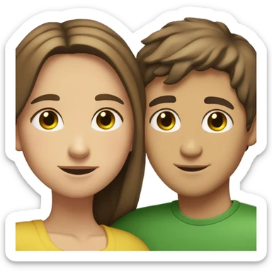 Brown haired girl with a Little bit of blond highlights with Green/yellow eyes Hugging a short Brown/black haired Guy with Brown eyes sticker