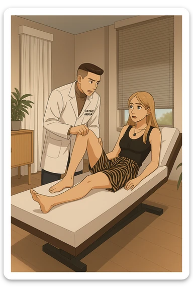 fai un webtoon/manga a colori con questo kinesiologo in camice bianco (fagli la scritta "ANTONIO ANANIA" SUL CAMICE) CHE SVOLGE UN TEST NEUROMUSCOLARE SOLLEVANDO UNA GAMBA ALLA RAGAZZA CHE è STESA SU UN LETTINO BIANCO. STANZA SEMPLICE E MODERNA, DURANTE IL TEST I DUE DIALOGANO TRA LORO. NON FARE I FUMETTI, FAI SOLO LORO COME SE DIALOGASSERO sticker