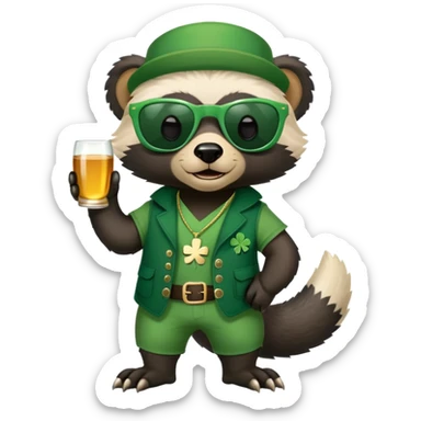 friendly anthropomorphised honey badger in a casual green-themed outfit with St. Patrick's Day accessories, wearing sunglasses sticker