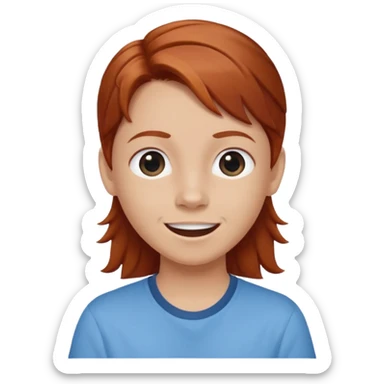 shrugging happy emoji tween long auburn hair light blue shirt with a darker blue L sticker