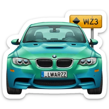 Make me an emoji with a blue bmw M3 and a street sign with W LZR on it sticker