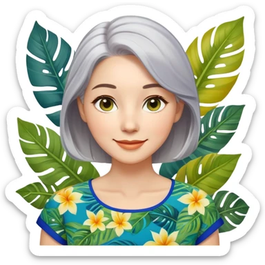 A woman with light complexion, oval face with soft rounded features, full cheeks, gentle almond-shaped eyes with subtle smile lines, silver-gray hair parted to the side, wearing a vibrant short-sleeved blouse with tropical leaf print in blue, green, and yellow, exuding warmth and joy. sticker