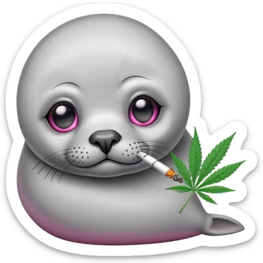 Grey slim baby seal Smoking cannabis weeds with pink eye looks tired sticker