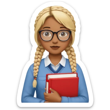 A student, girl, brown skin, braid blonde hair, wearing glasses, hold red book in front of their chest sticker