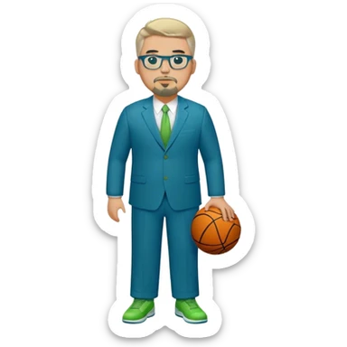 Full Body plus size white male basketball team manager with glasses blondish gray short hair with a goatee wearing blue and green suit sticker