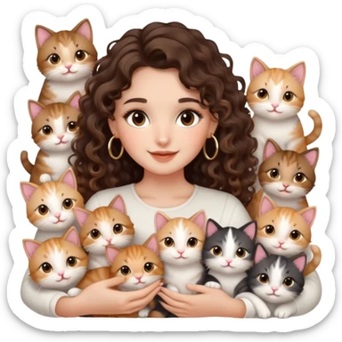 cute girl long brunette balayage curly/wavy not voluminous hair, brown eyes, hoop earrings, natural pretty clean makeup: holding and surrounded by lots and lots of happy cute kitties sticker