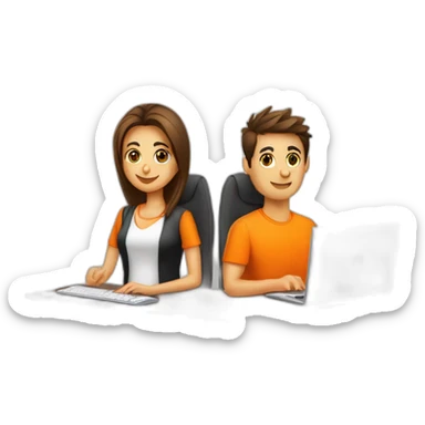 Chico y chica trabajan en oficina con computadoras con remera color naranja sticker
