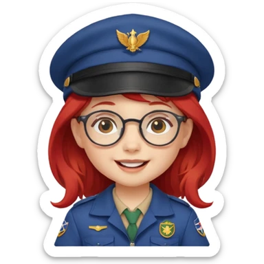 scout girl baby with uniform including the hat,  little with glassess and long red hair sticker