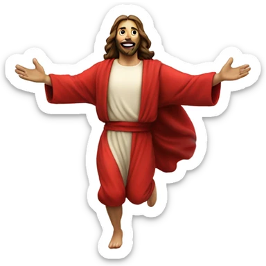 Jesus sprinting, with a large stride and arms outstretched, in a red santa costume sticker