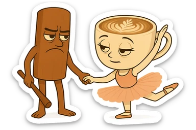 Keep the same quality and style as the reference image. Edit the coffee cup character to have a dreamy expression and the cinnamon stick character to have a grumpy expression. sticker