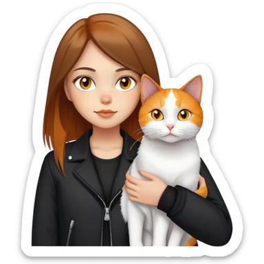Light-skinned girl with brown straight hair wearing a black jacket, holding one pure white cat with bright yellow eyes and one calico cat with orange black and white patches sticker
