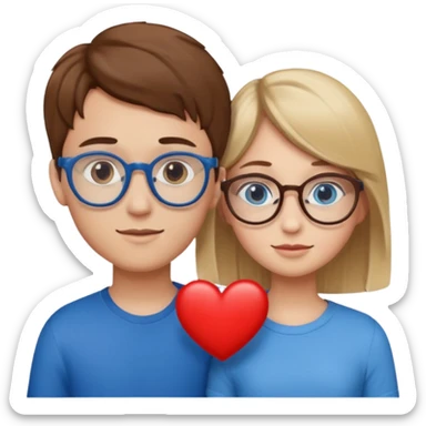 two young lovers, a red heart in the middle, boy with brown hair and glasses, girl blonde with blue eyes, emoji style sticker