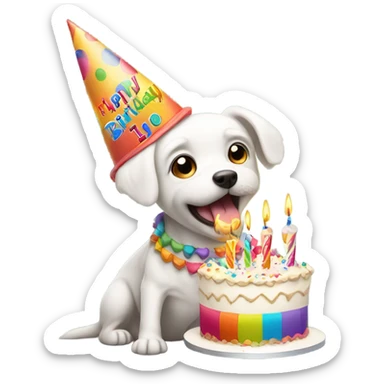 White male small dog wearing birthday hat with a cake  sticker
