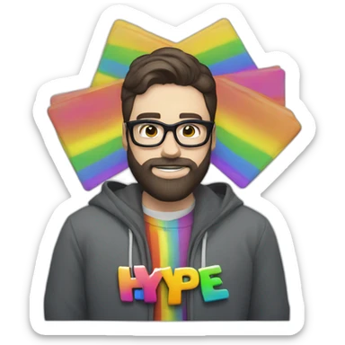 400 pound white man with dark hair and dark beard beard and glasses holding a sign that reads "hype" in rainbow colors sticker
