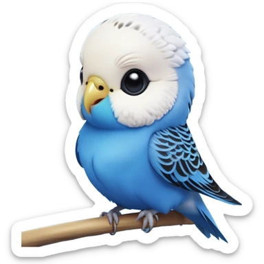 cinematic-cute-blue-budgie-portrait-emoji,-head-tilted-playfully-and-inquisitively,-featuring-a-brilliant-blue-feathered-fur-and white and black feathered face-with-a-natural-sheen,-round,-sparkling-dark-eyes-filled-with-curiosity,-simplified-yet-irresistibly-adorable sticker