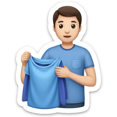 brunette man holding laundry sticker