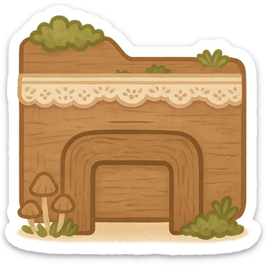 Transform the File Explorer icon into a cottagecore style to match previous PC and folder icons. Use soft earthy tones, rustic wooden textures, moss, tiny mushrooms, delicate lace, and nature-inspired details. No words or text. Transparent background. sticker