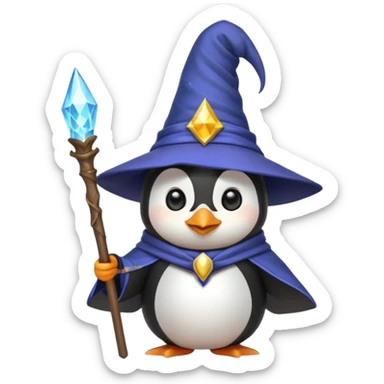 cute penguin dressed as a wizard, pointy hat, magic staff, emoji style sticker