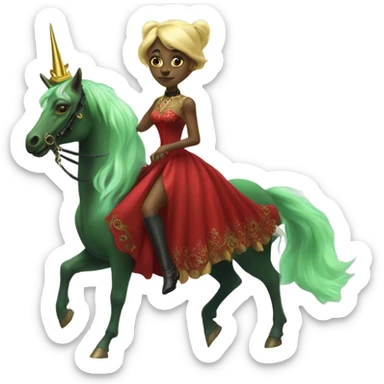 "galora green blonde alien woman" in red Victorian elegant dress, full body, rides unicorn gold
NO WOKE
 sticker